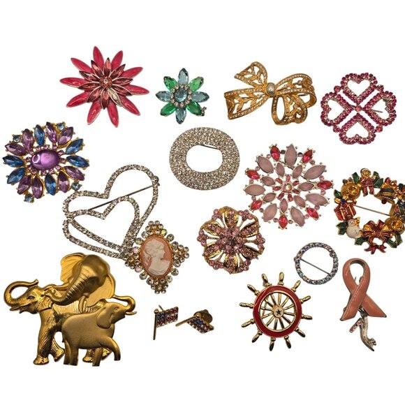 Vintage Brooch Collection Of 17 Pieces Rhinestones Enamel Gold Silver Floral - Picture 1 of 9